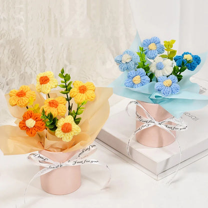 Knitted Flower Bouquet Crochet Rose Flowers Hugging Bucket New Year Gifts Living Room Desk Decoration Valentine's Day Gift