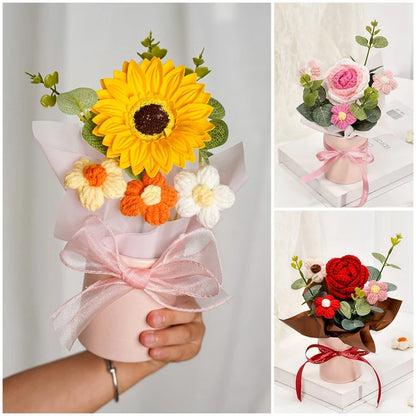 Knitted Flower Bouquet Crochet Rose Flowers Hugging Bucket New Year Gifts Living Room Desk Decoration Valentine's Day Gift