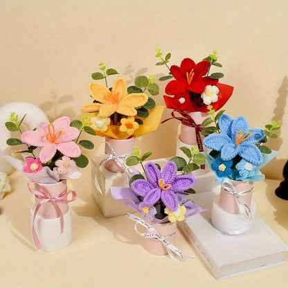 Knitted Flower Bouquet Crochet Rose Flowers Hugging Bucket New Year Gifts Living Room Desk Decoration Valentine's Day Gift