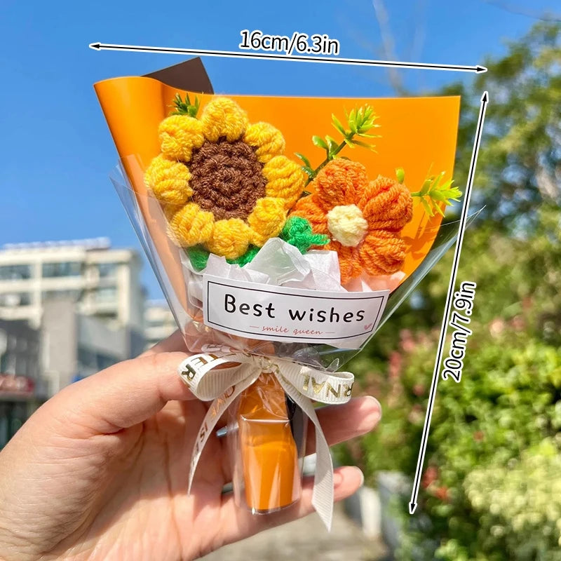 Knitted Flower Bouquet Crochet Rose Flowers Hugging Bucket New Year Gifts Living Room Desk Decoration Valentine's Day Gift