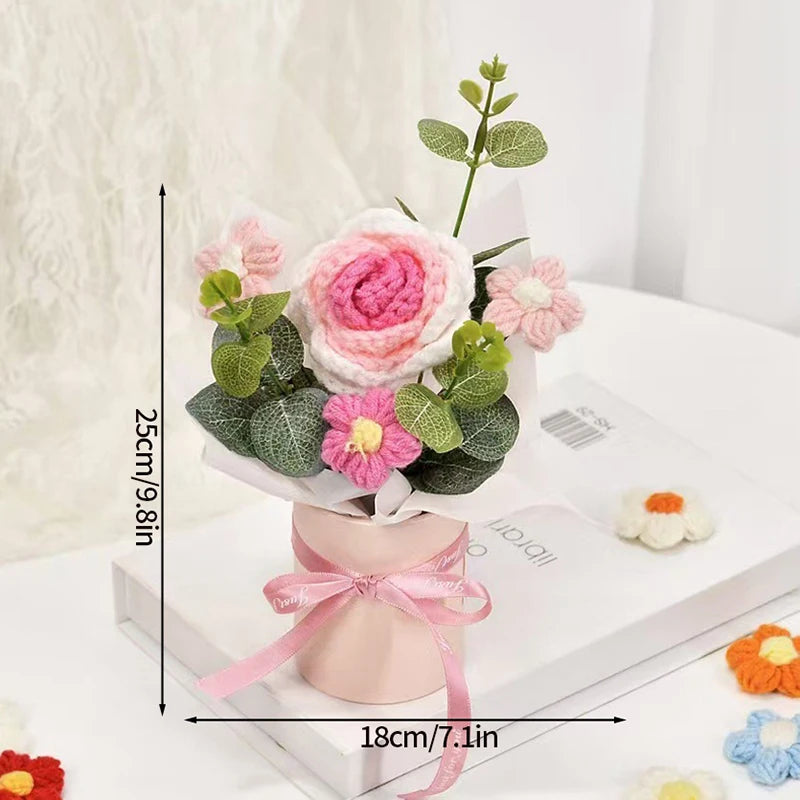Knitted Flower Bouquet Crochet Rose Flowers Hugging Bucket New Year Gifts Living Room Desk Decoration Valentine's Day Gift