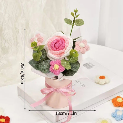 Knitted Flower Bouquet Crochet Rose Flowers Hugging Bucket New Year Gifts Living Room Desk Decoration Valentine's Day Gift