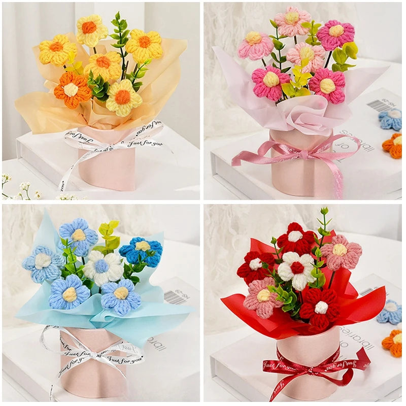 Knitted Flower Bouquet Crochet Rose Flowers Hugging Bucket New Year Gifts Living Room Desk Decoration Valentine's Day Gift