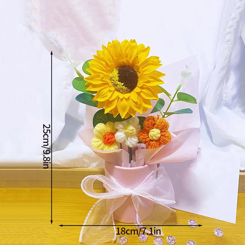 Knitted Flower Bouquet Crochet Rose Flowers Hugging Bucket New Year Gifts Living Room Desk Decoration Valentine's Day Gift
