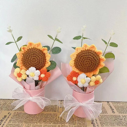 Knitted Flower Bouquet Crochet Rose Flowers Hugging Bucket New Year Gifts Living Room Desk Decoration Valentine's Day Gift