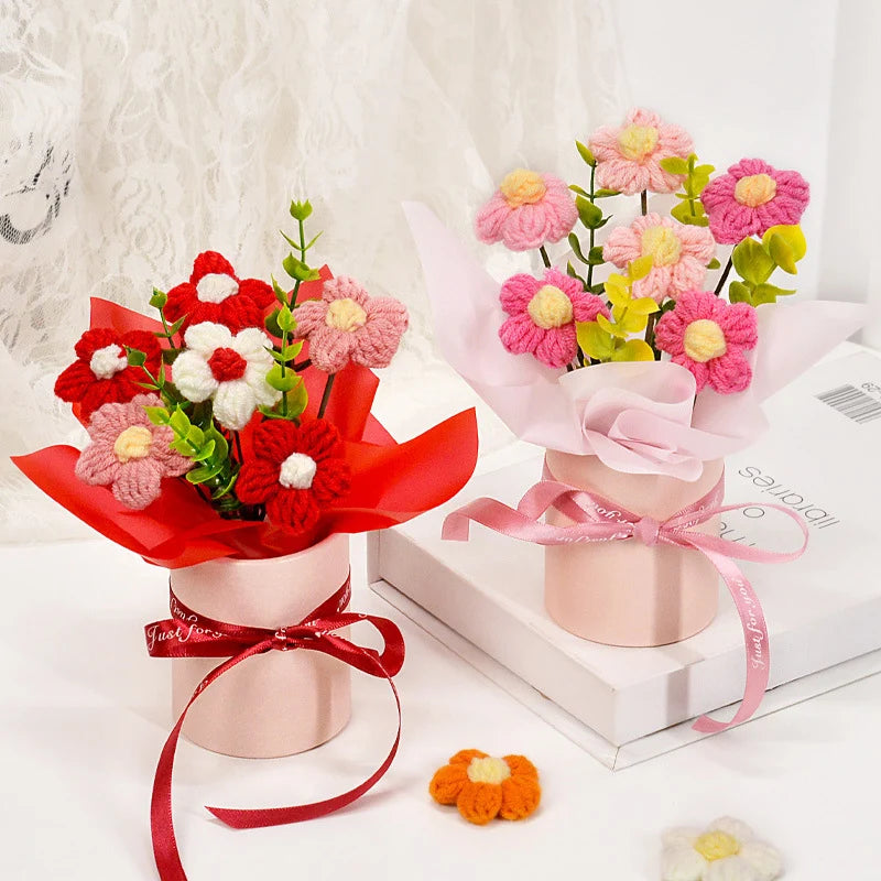 Knitted Flower Bouquet Crochet Rose Flowers Hugging Bucket New Year Gifts Living Room Desk Decoration Valentine's Day Gift