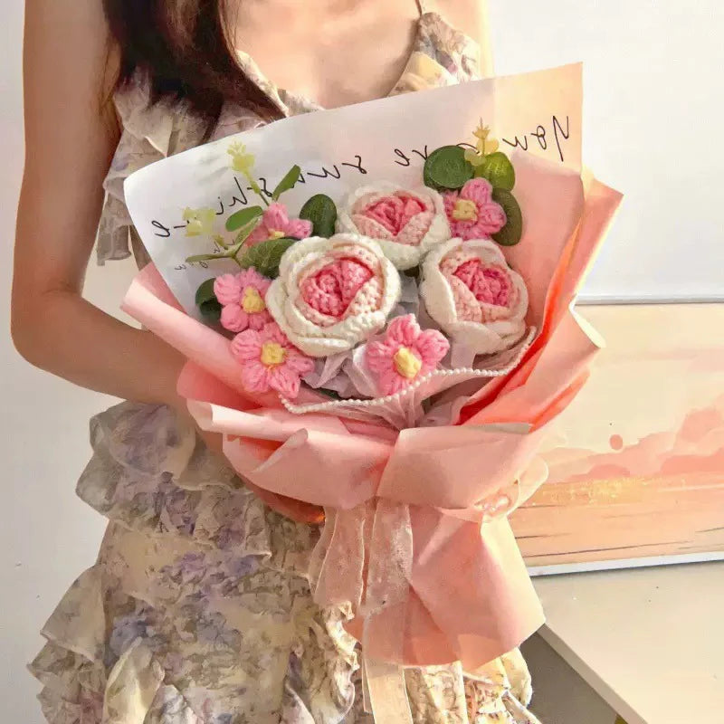 Knitted Flower Bouquet Crochet Rose Flowers Hugging Bucket New Year Gifts Living Room Desk Decoration Valentine's Day Gift